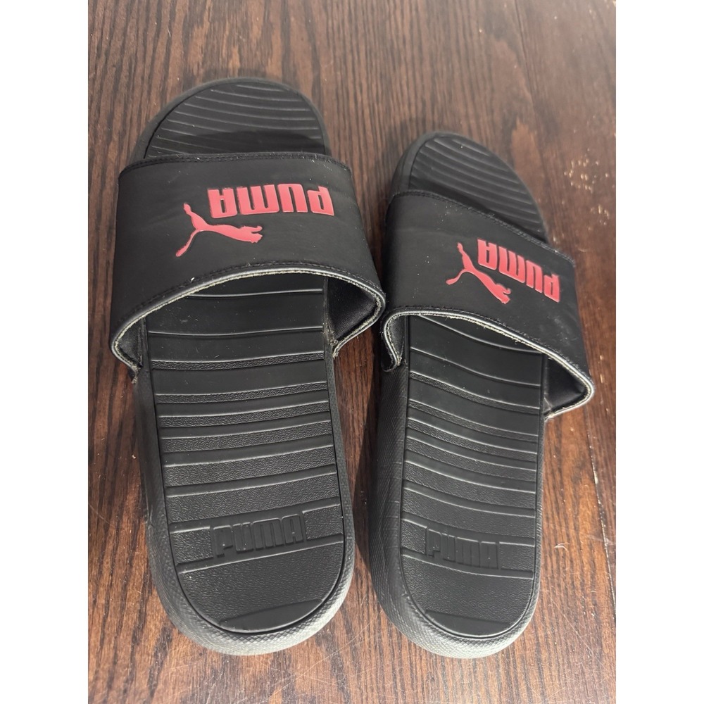 PUMA Men's Size 10 Black Red Logo Slide Sandals Athletic Shower Pool Dorm Shoes